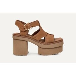 UGG New Heights Platform T-Strap Sandals Women Size 10 Chestnut Brown Suede NEW